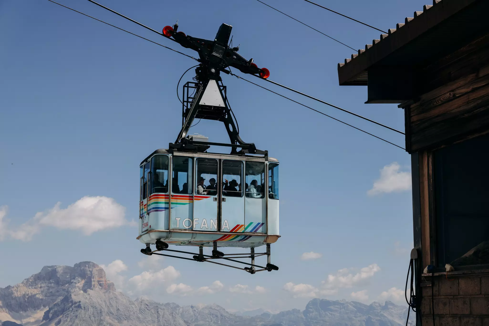 Riding the cable car at Cortina d'Ampezzo in the Veneto Dolomites, Italy.