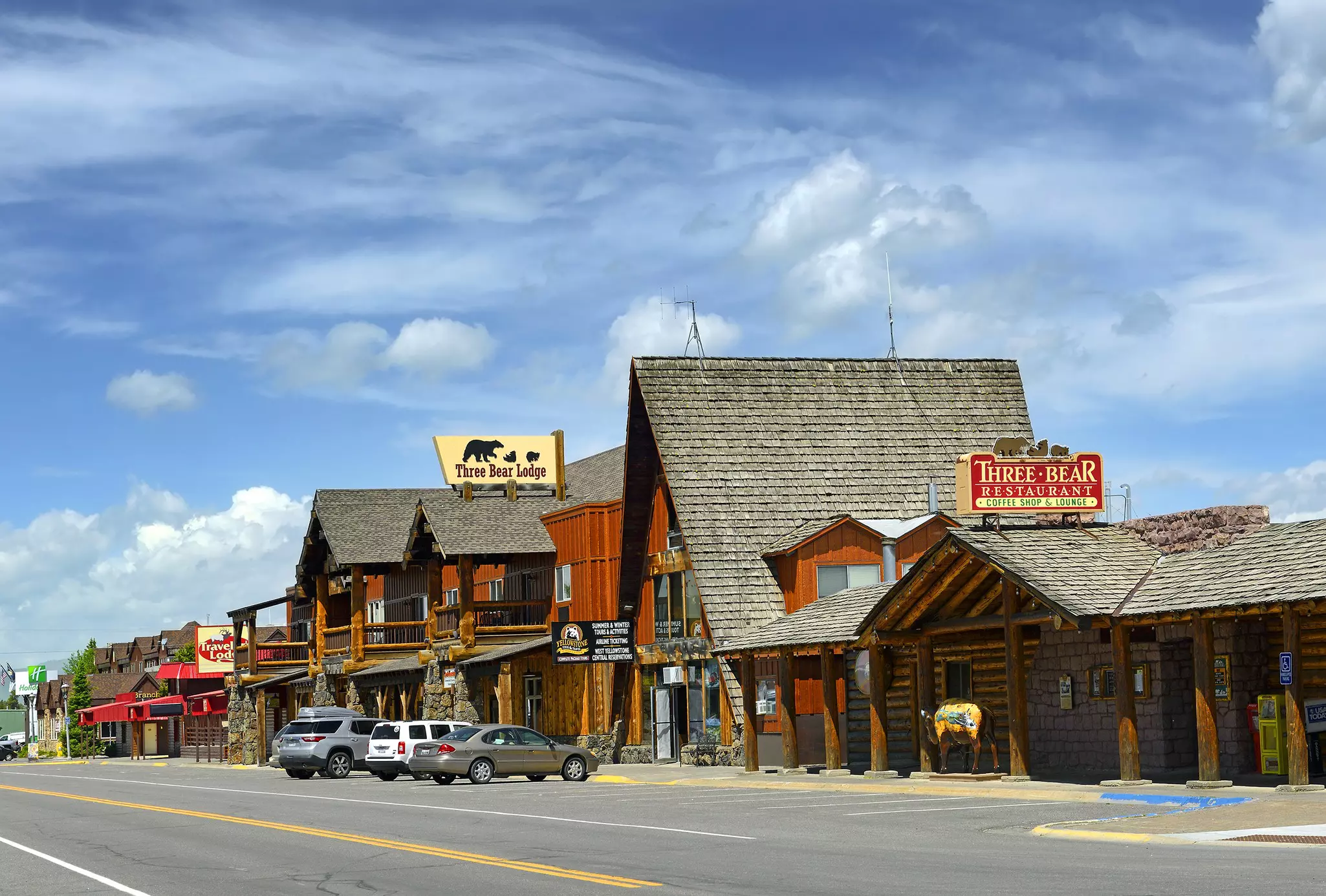 WEST YELLOWSTONE, USA - JUNE 21, 2018: A small town on the edge of the Yellowstone National Park, Montana. Yellowstone National Park is UNESCO World Heritage Site