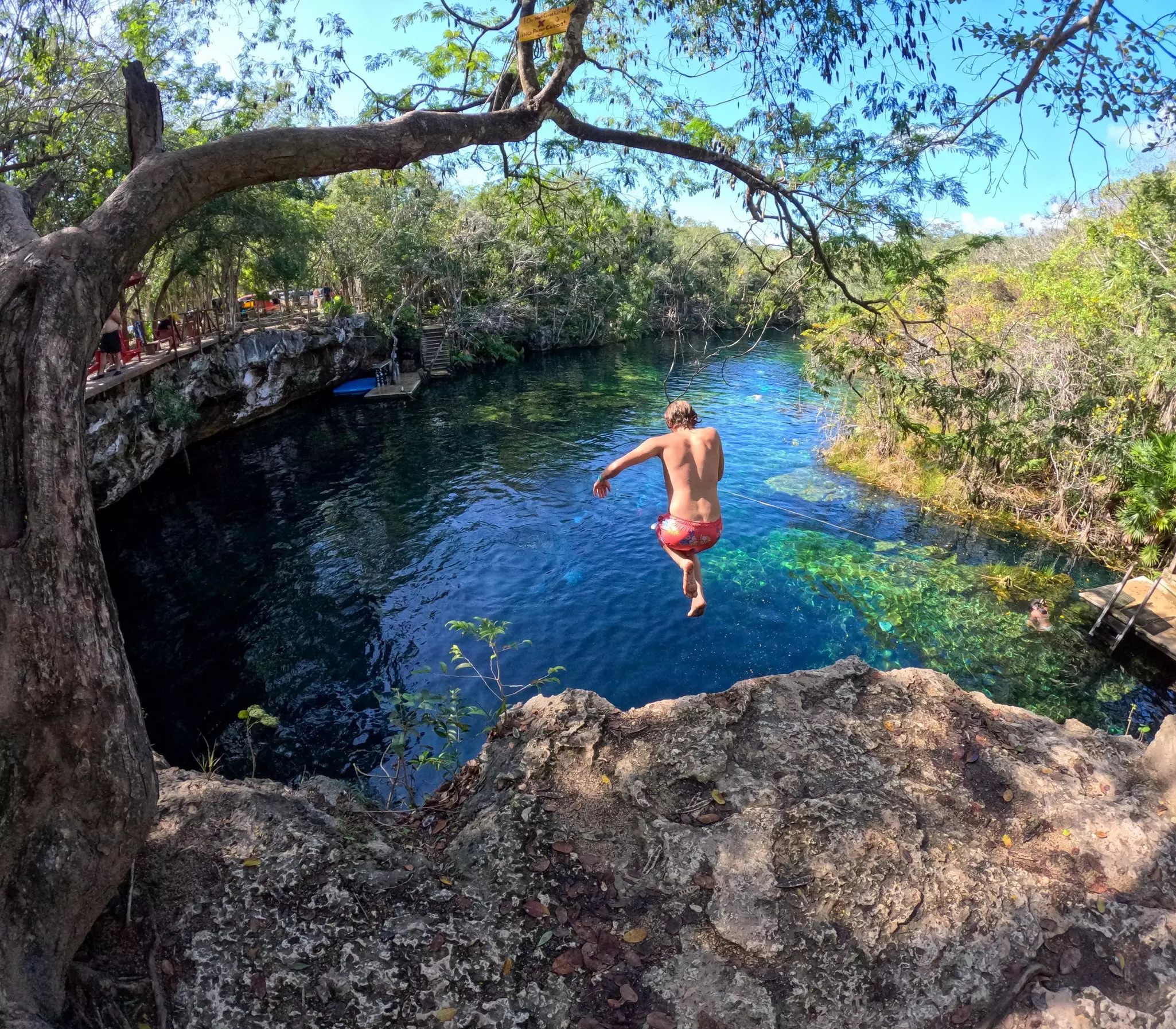Man Leaping from a cliff into a cenote near Playa del Carmen. 