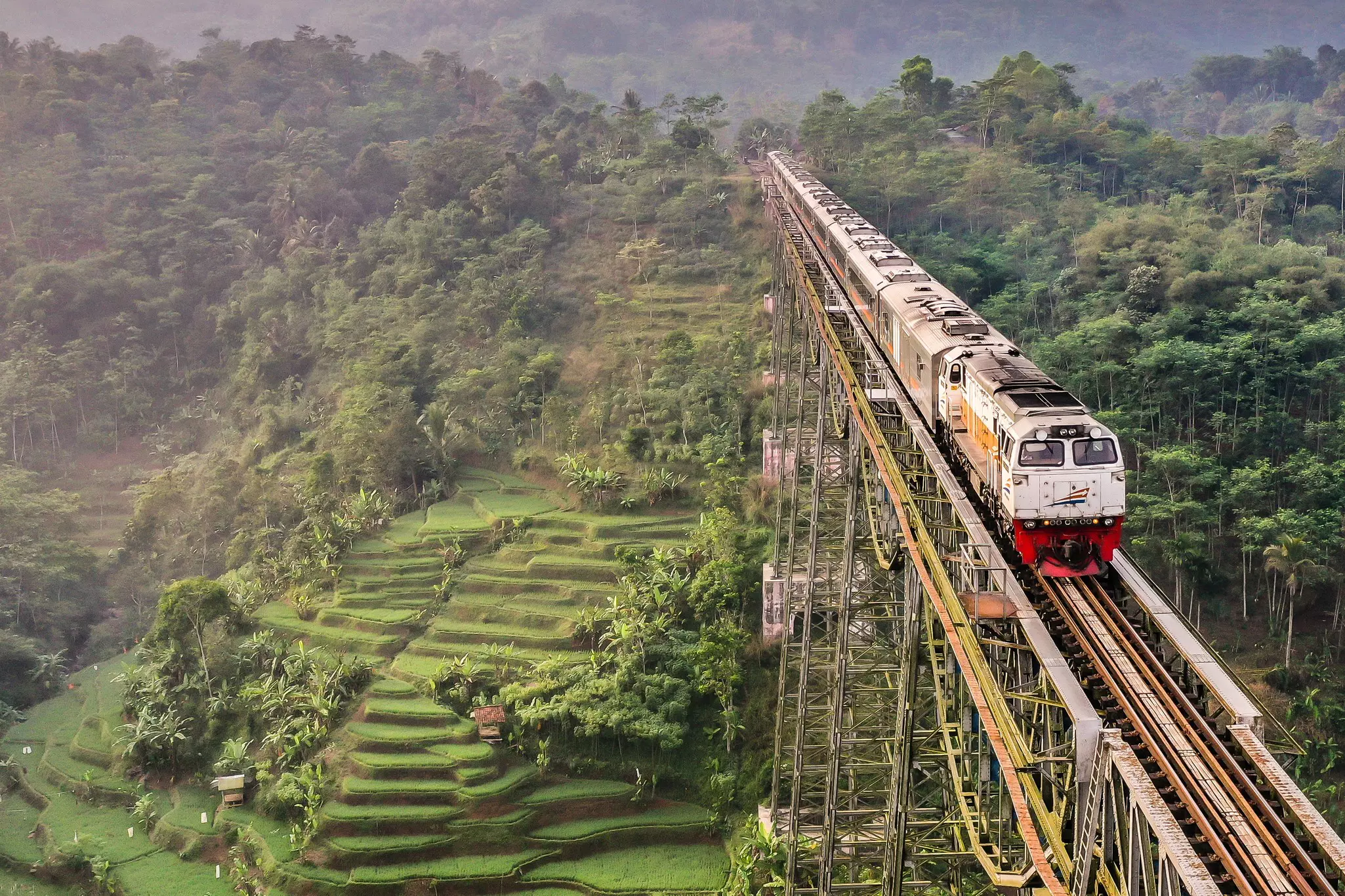 A train crosses the Cikubang Bridge in West Java, Indonesia.