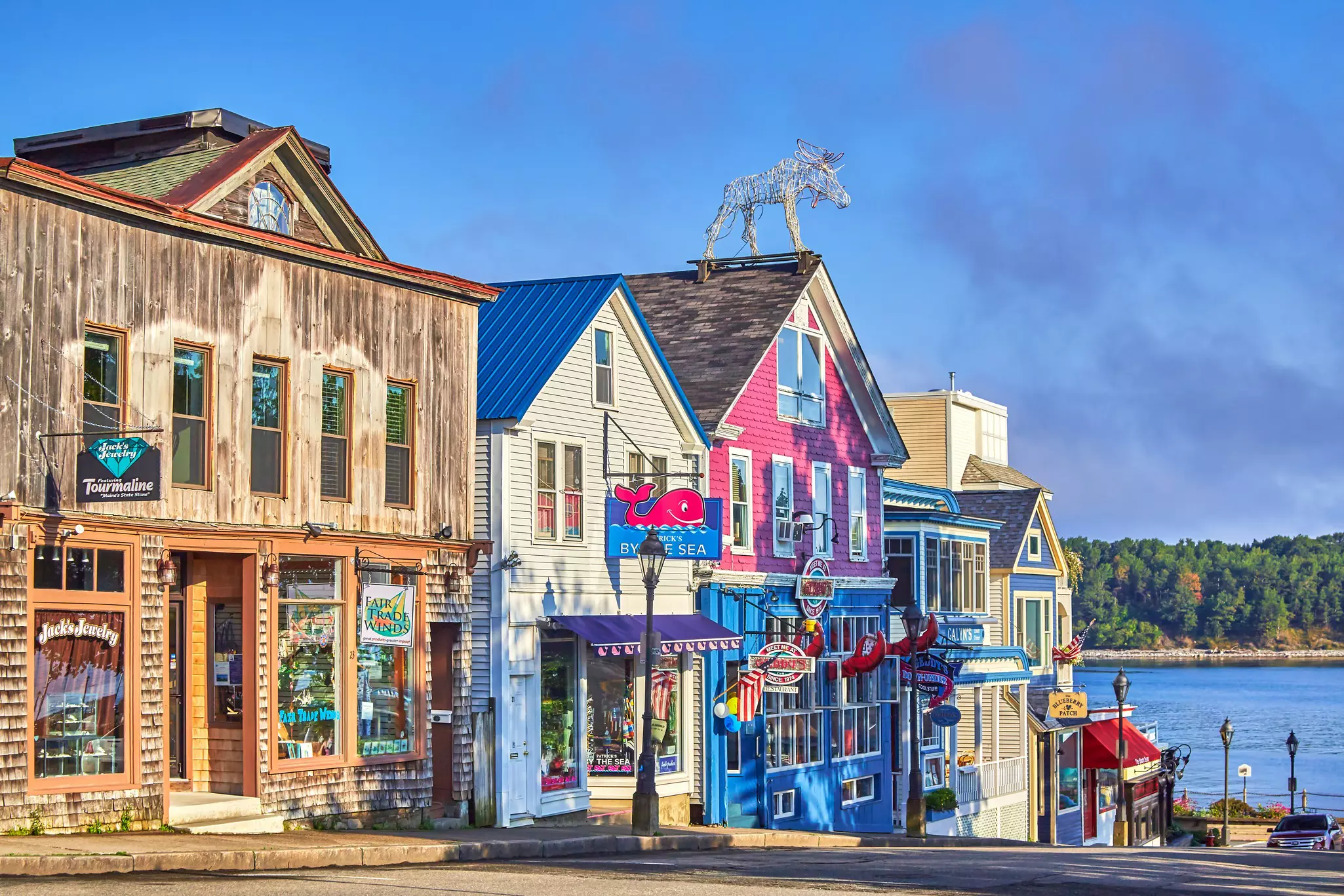 Old Wooden store buildings on waterfront at the town of Bar Harbor in Acadia national Park,Maine,USA