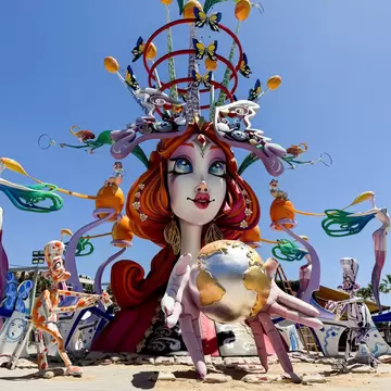 A display of cartoon-like sculptures during the Fogueres de Sant Joan celebrations in Alicante, Spain.