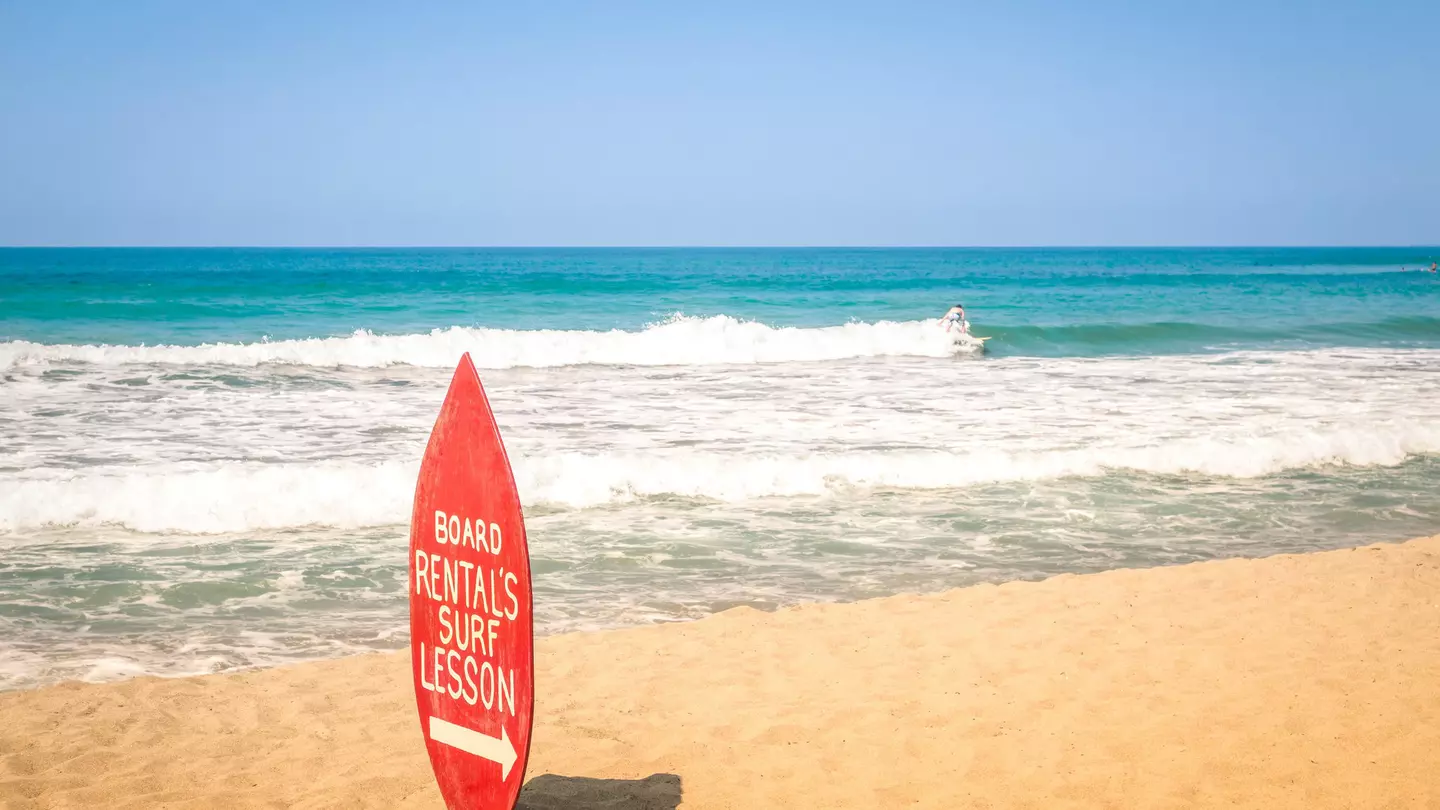 Surfboard rental and surf lesson sign on a sandy beach