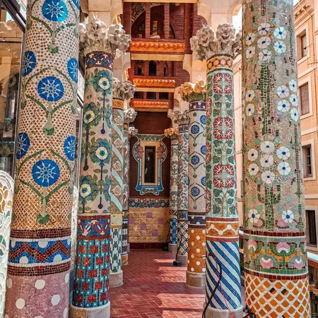 Colorfully decorated pillars at a theater in Barcelona, Spain.