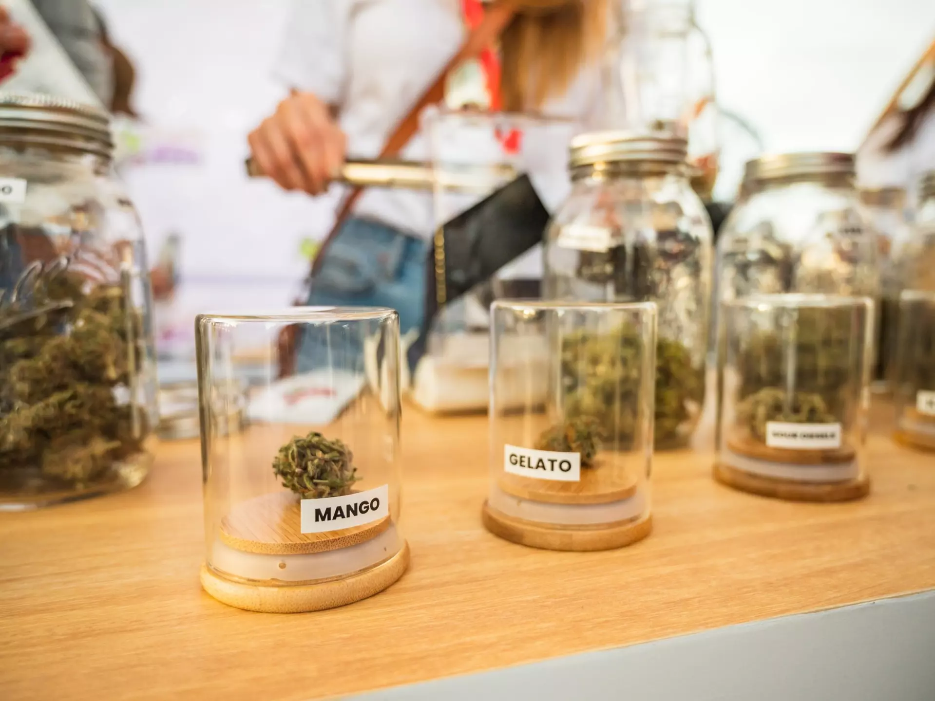 Different types of cannabis displayed at a dispensary in Nakhon Pathom