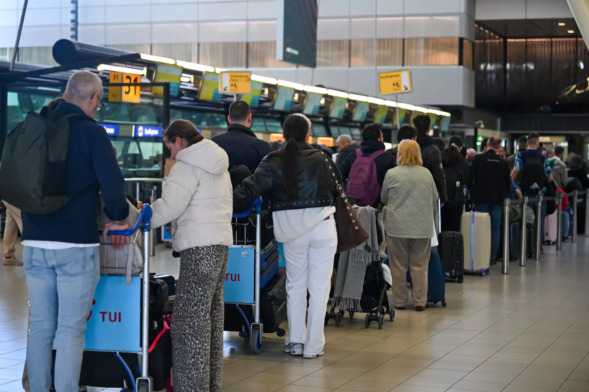 People with luggage stand in a queue in an airport terminal.
