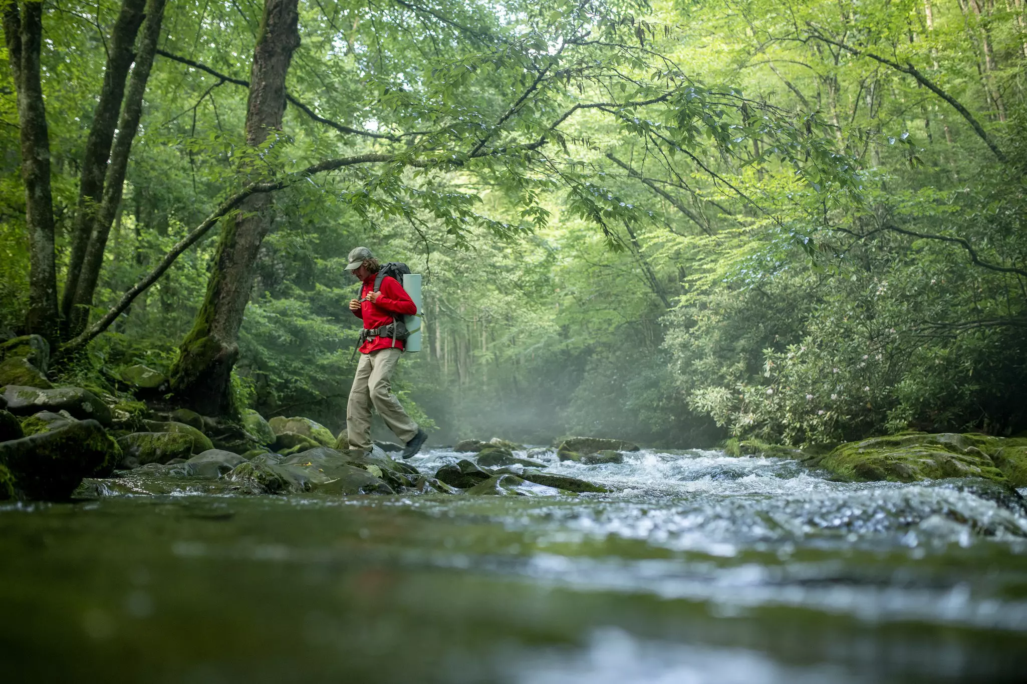 A backpacker hiking across a creek in a woodland.
