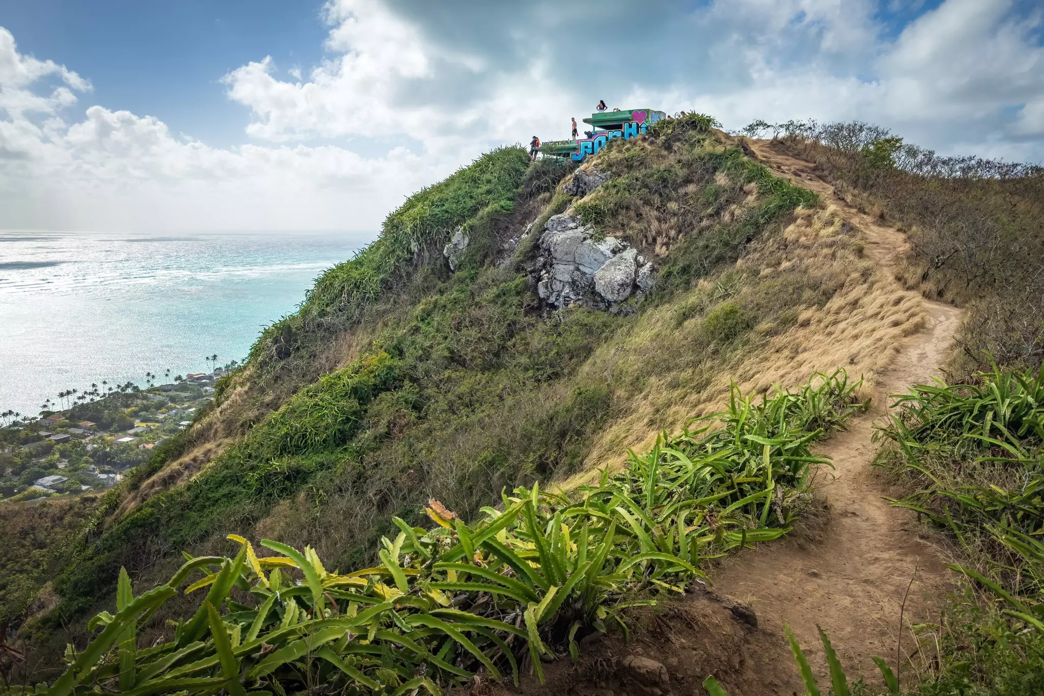 A steep dirt track leads up to a viewpoint dominated by a concrete structure that's covered in street art: Kaʻiwa Ridge Trail (Lanikai Pillbox Trail) on Oʻahu