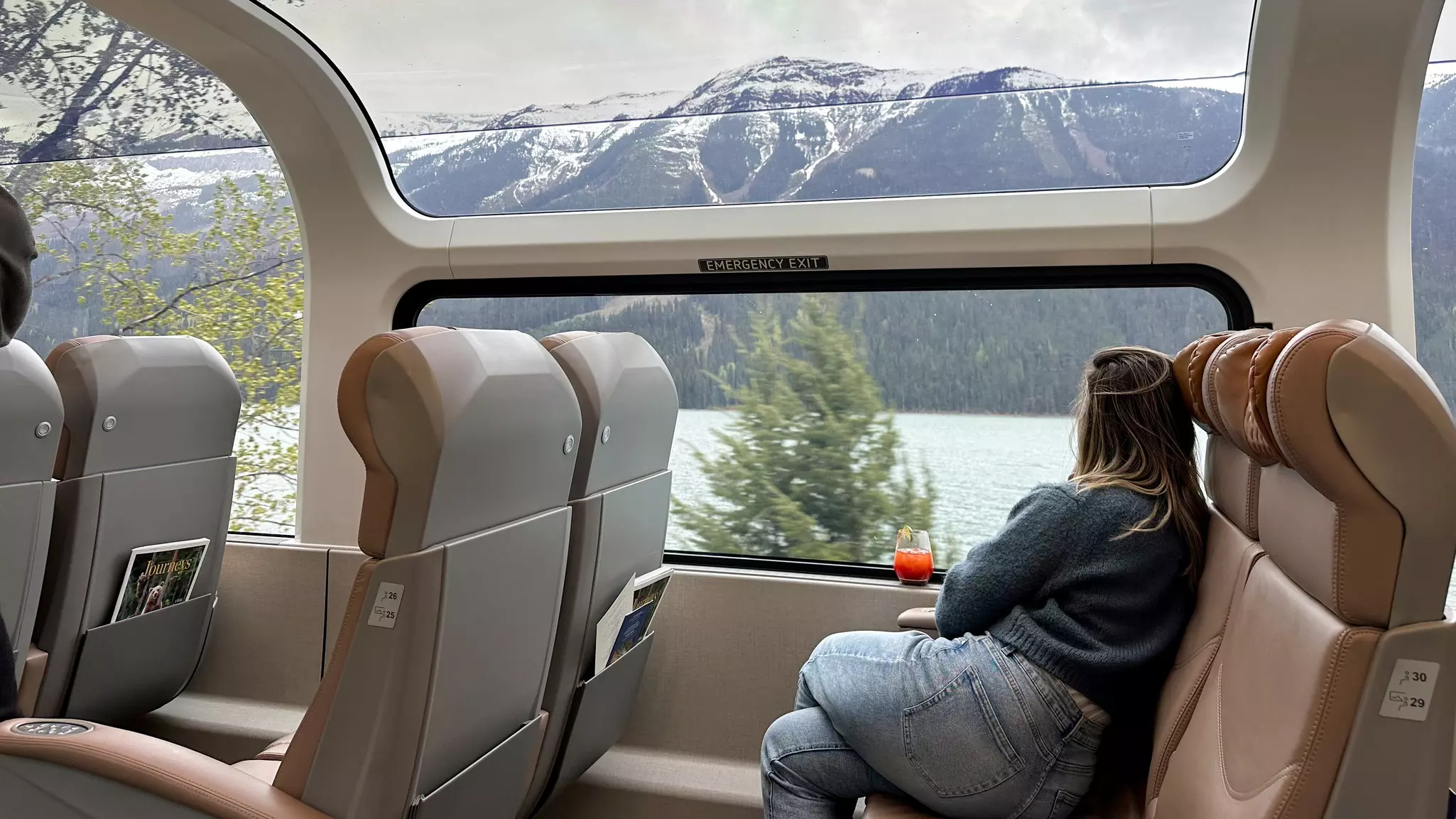 A passenger looks out of a train window at mountains.
