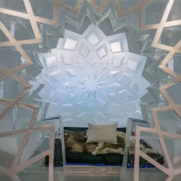 Jukkasjarvi, Sweden - March 10, 2023: Bedroom with an ice bed, covered with a reindeer skin bedspread, in the 33 ice hotel. Jukkasjärvi. Northern Europe, License Type: media, Download Time: 2025-12-09T22:31:57.000Z, User: Norma.PrauseBrewer_LonelyPlanet, Editorial: true, purchase_order: 56530 - Guidebooks, job: Global Publishing WIP, client: Europe 5, other: Norma Brewer