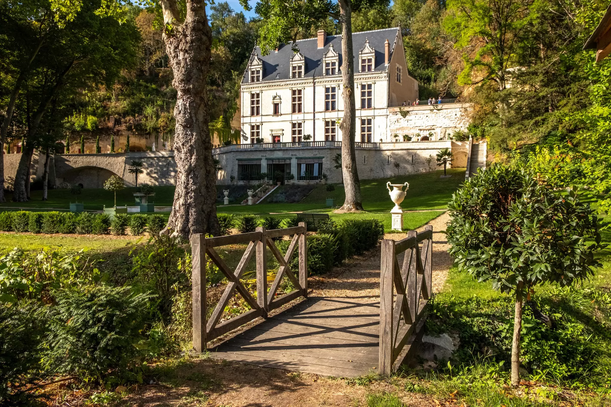 View of a path leading to the Château Gaillard on a sunny day in the Loire valley, France.