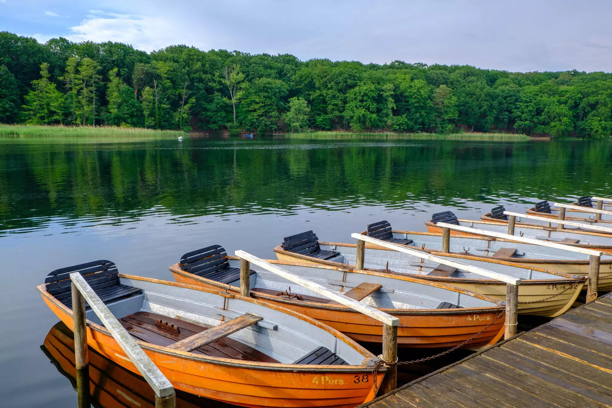 Boats moored at Lake Schlachtensee.