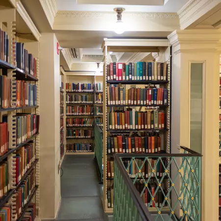Rows of bookshelves in the Boston Athenæum