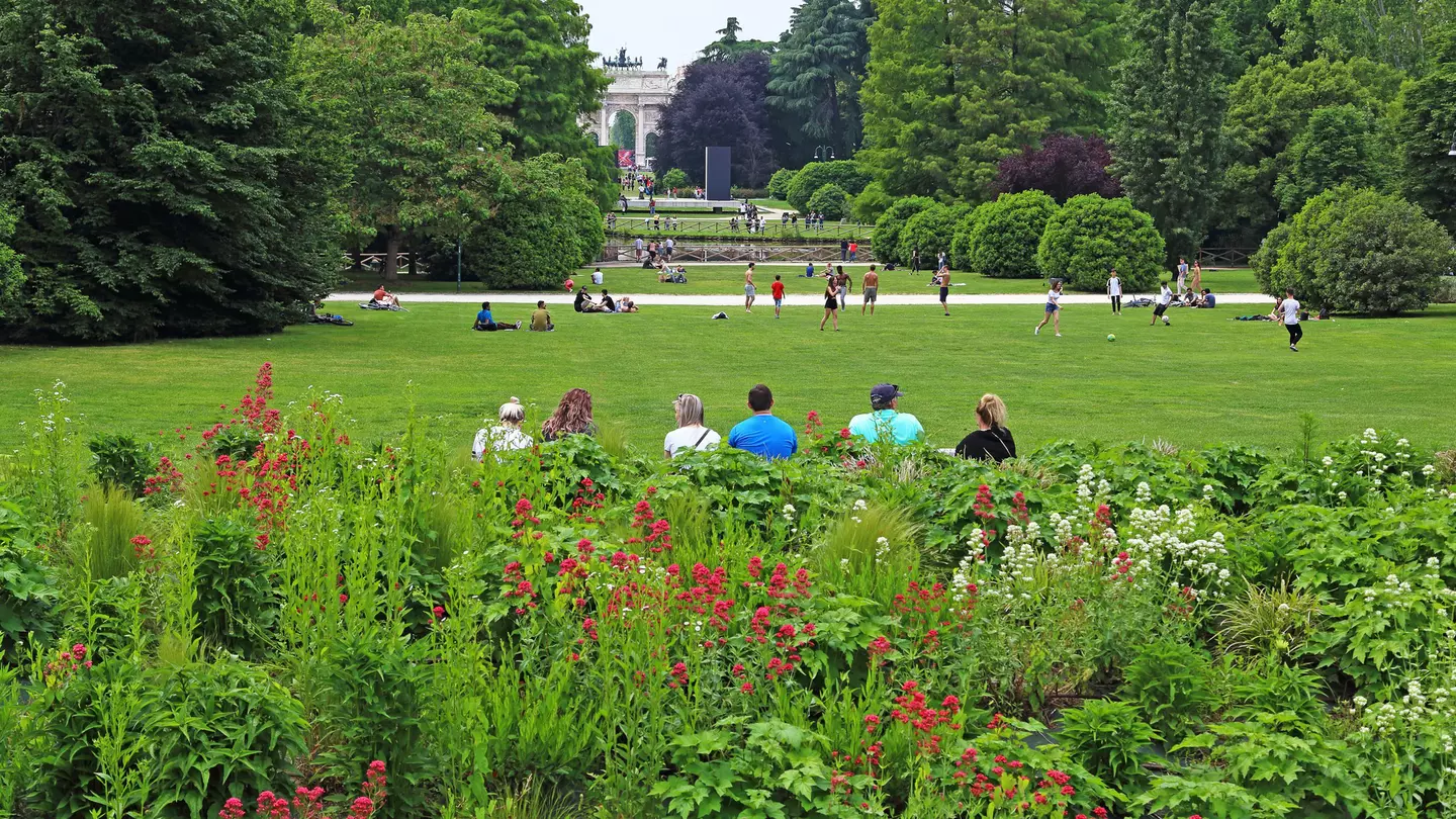 Visitors resting and playing in Sempione Park during the late afternoon.