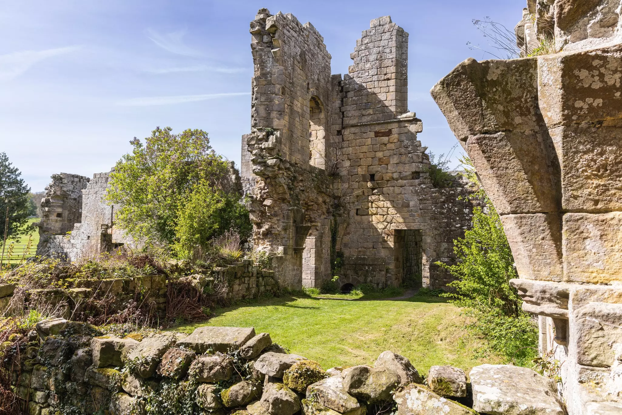 A view of the ruins of Jervaulx Abbey, Yorkshire Dales, England, birthplace of Wensleydale cheese.