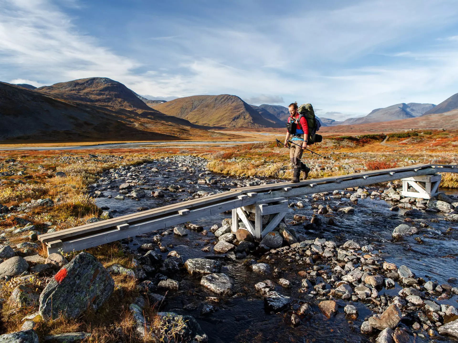 A hiker walks on the Kungsleden Hiking Trail in Swedish Lapland on a sunny day.