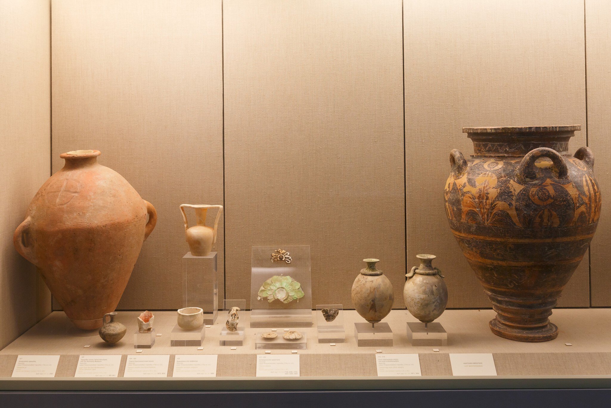 Close-up image of artifacts in the Museum of Prehistoric Thera in Fira, Santorini.
