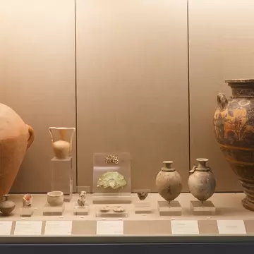 Close-up image of artifacts in the Museum of Prehistoric Thera in Fira, Santorini.