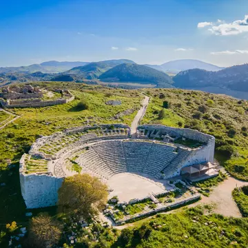 The Greek Theater of Segesta or Teatro di Segesta aerial panoramic view. It is located near the Calatafimi Segesta town in the Trapani Province of Sicily.