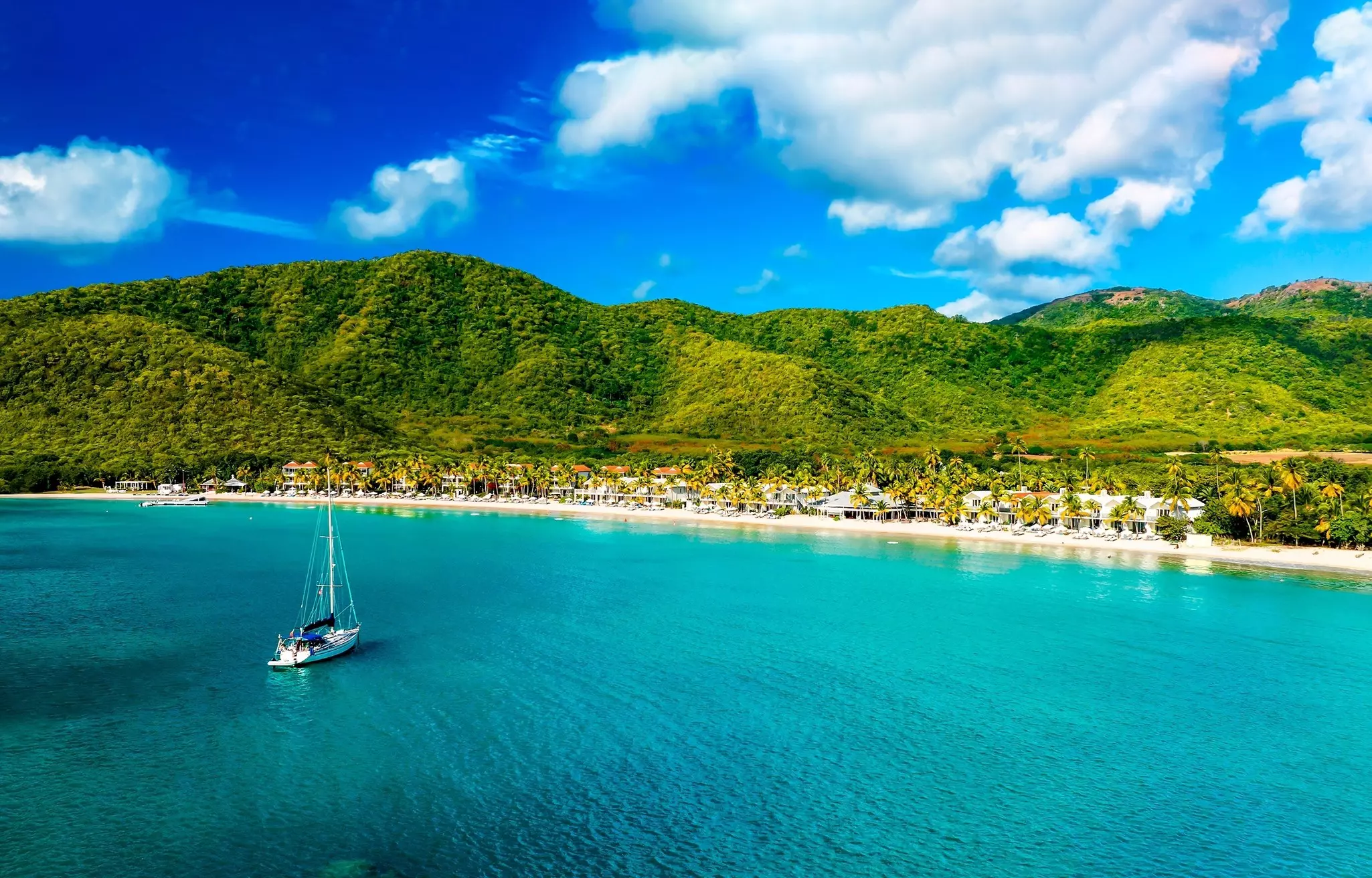 A yacht moored near the beach on Antigua Island. 