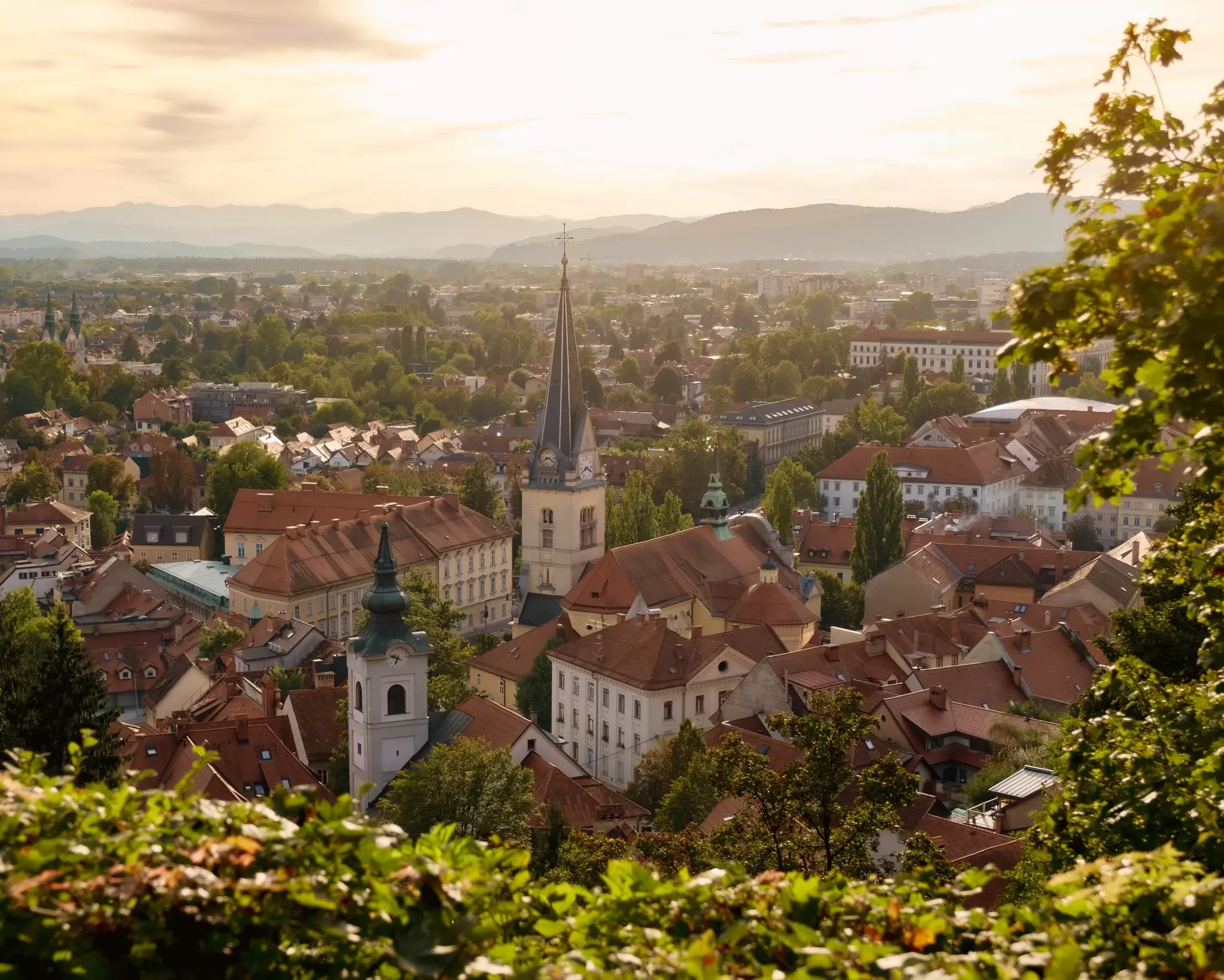 view of a church spire and red roof buildings in a vista of Ljubljana