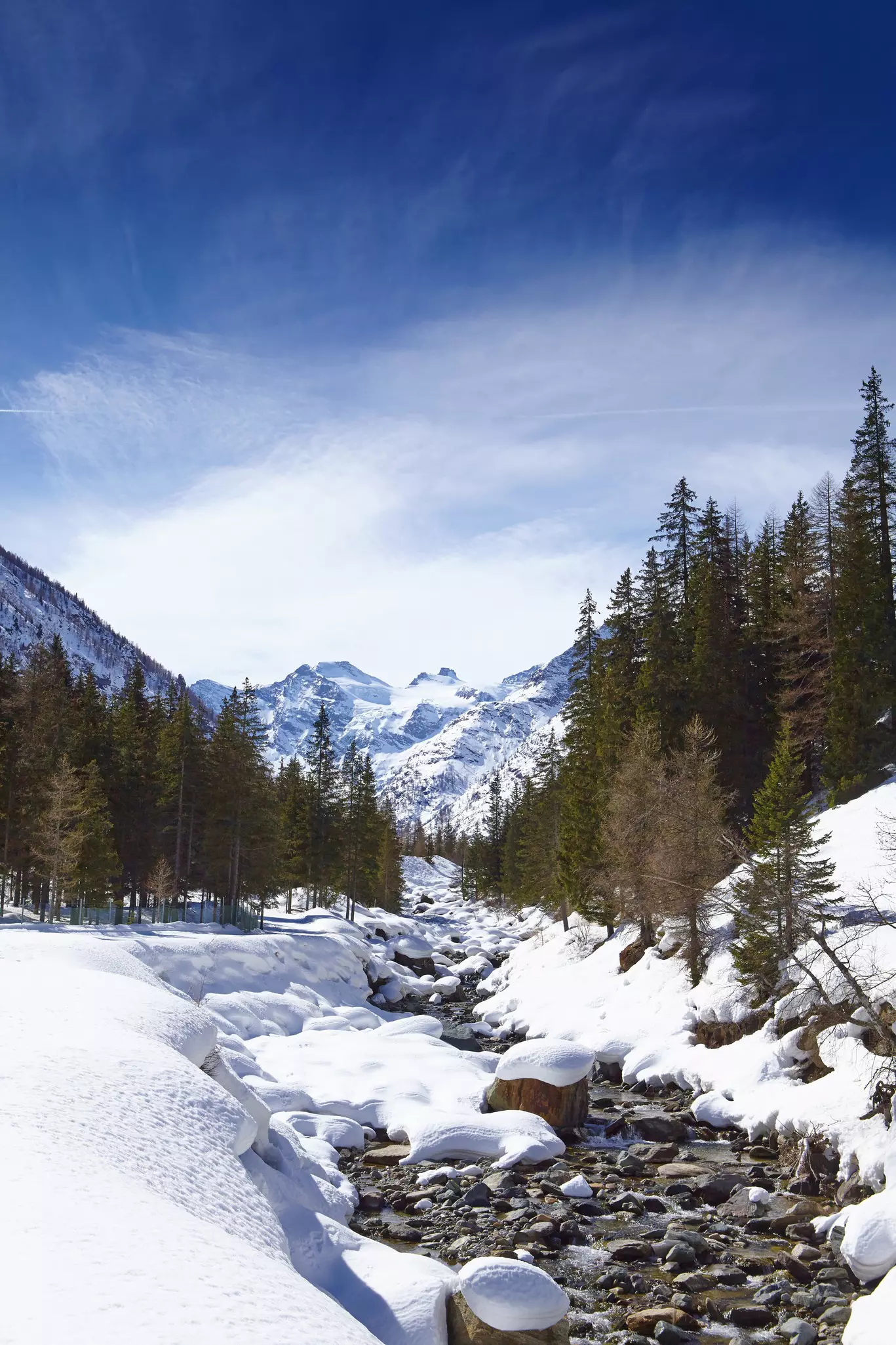 Snow covered landscape scenery of Parco Nazionale Gran Paradiso, Italy's oldest National Park.
