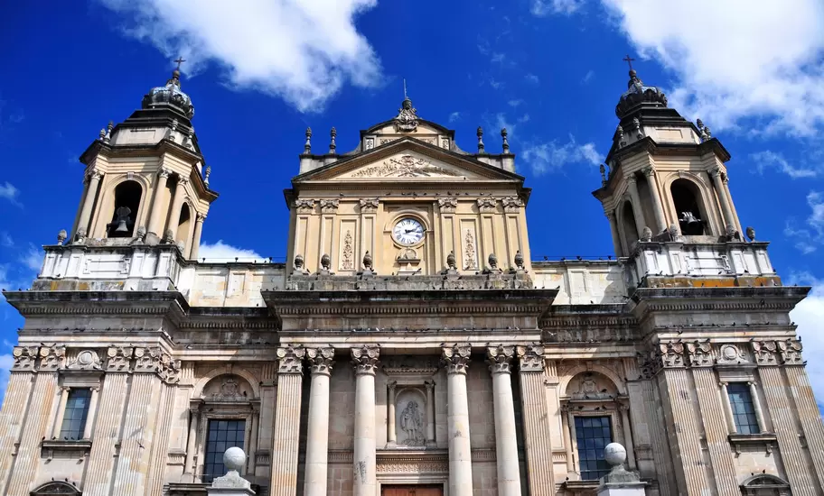 Guatemala City: Metropolitan Cathedral's neoclassical facade with twin bell towers and central clock