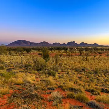 Uluru, Northern Territory, Australia. Sunrise at Kata Tjuta domed rock formation in Uluru-Kata Tjuta National park. Majestic Australian outback from platform dune viewing area at dawn.
