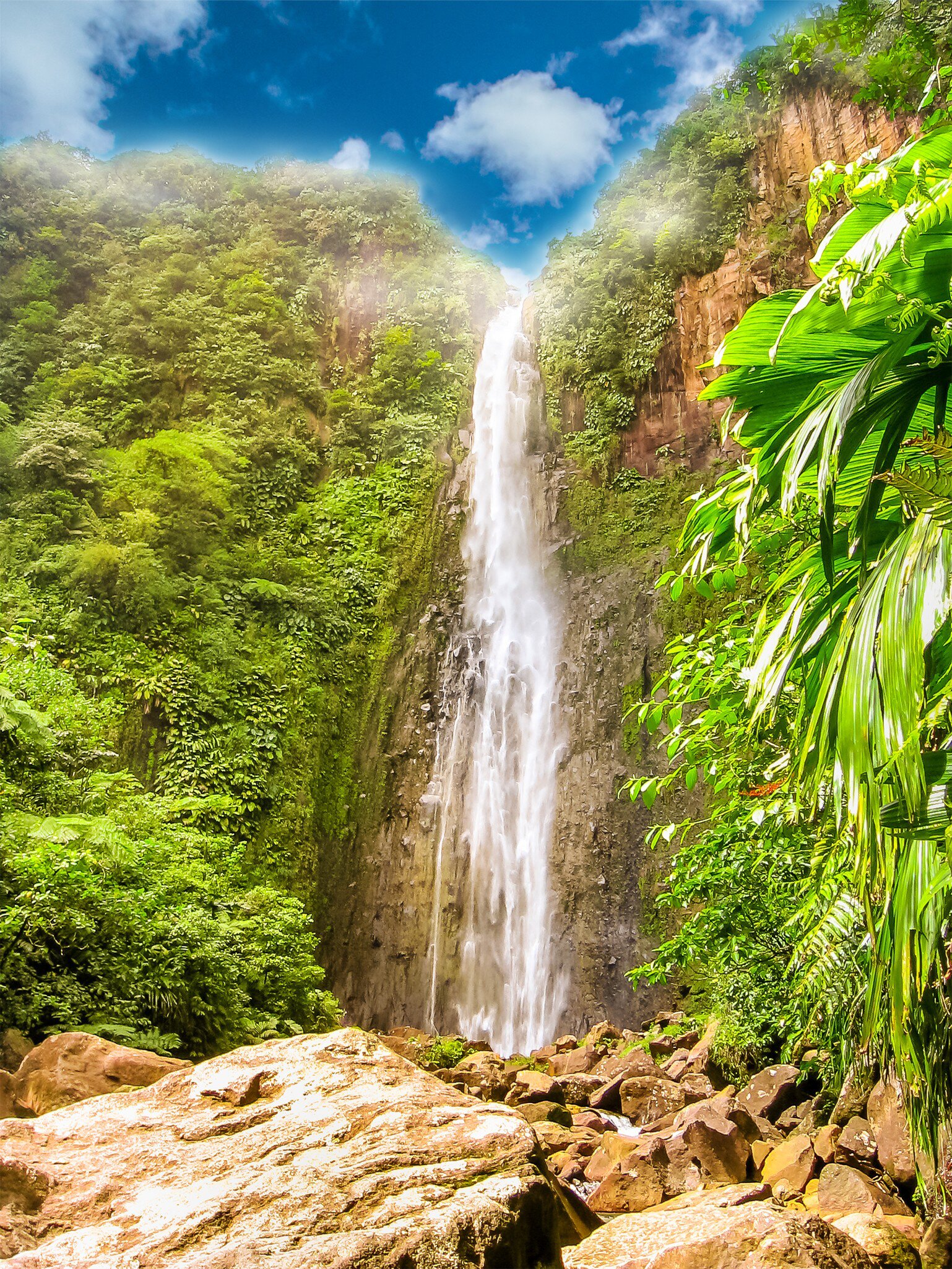 A tall narrow waterfall falling down a dark rock face into a boulder-strewn gorge, dense green rainforest crowding both sides.