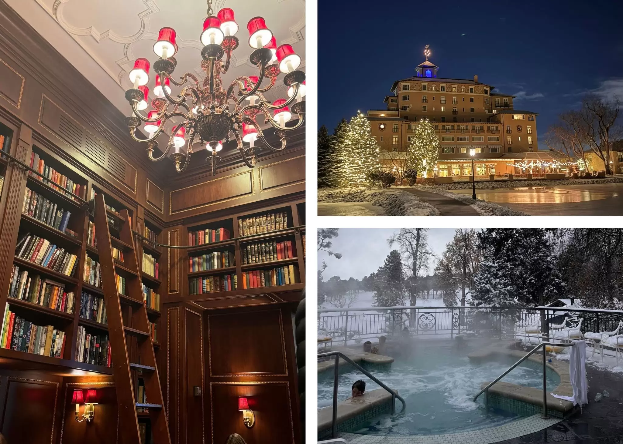 Three images. The first shows the floor-to-ceiling dark wood shelves of a library. The second shows the exterior of a large hotel decorated with holiday lights. The third shows adults and children in an outdoor whirlpool in winter.