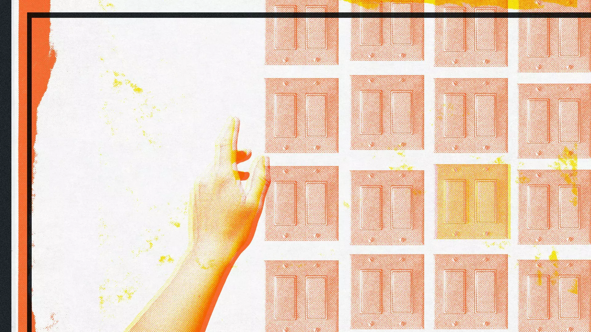 A hand reaches out to a wall full of light switches