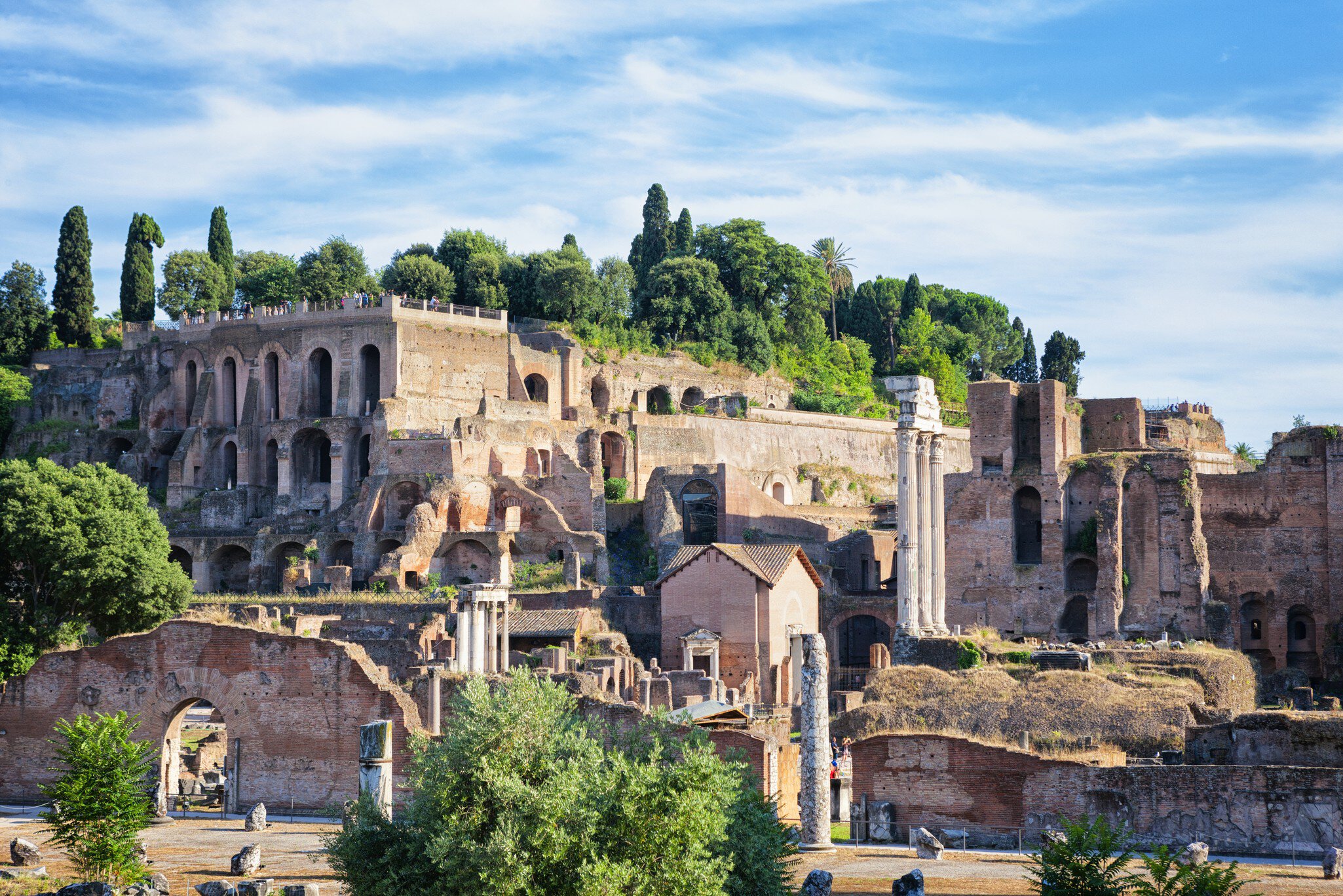 View of the Farnese Gardens built a top of the Domus Tiberiana on Palatine Hill at the Roman Forum in Rome, Italy.