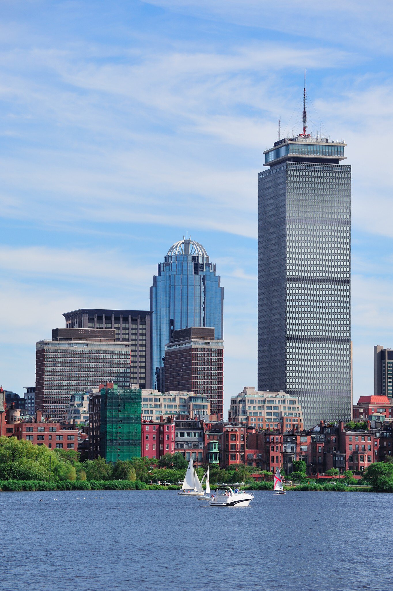 View of the Prudential Center and other skyscrapers over the Charles River in Boston, Massachusetts.