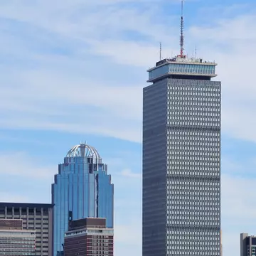 View of the Prudential Center and other skyscrapers over the Charles River in Boston, Massachusetts.