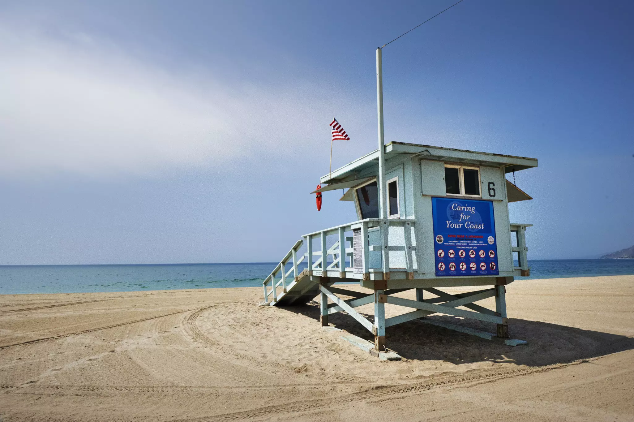 A lifeguard tower on Will Rogers State Beach in the Pacific Palisades.