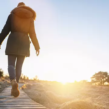 A person walks across a boardwalk through the moors and and bogs of High Fens in Belgium