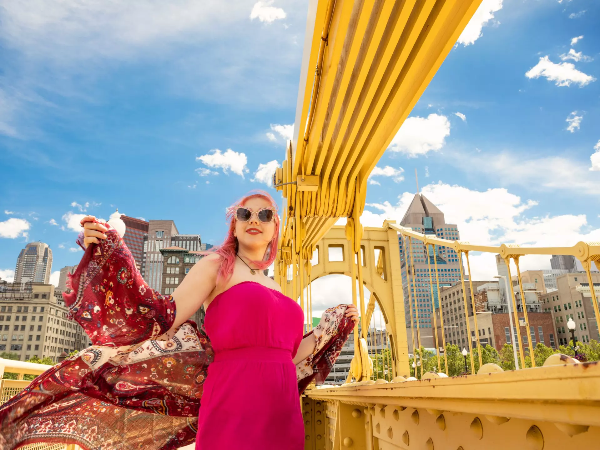 A beautiful 17 year old girl with pink hair enjoying a rare sunny day on the Roberto Clemente Bridge in downtown Pittsburgh, PA, USA.
1156121678