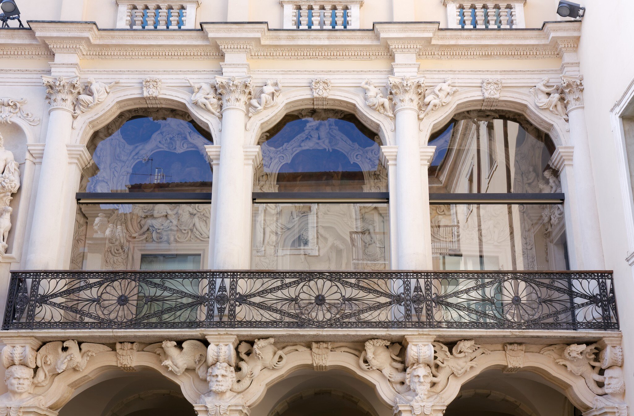 VICENZA, Italy - December 29, 2019: Richly decorated Hercules Loggia in the inside courtyard of the Leoni Montanari Palace