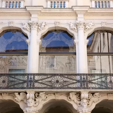 VICENZA, Italy - December 29, 2019: Richly decorated Hercules Loggia in the inside courtyard of the Leoni Montanari Palace