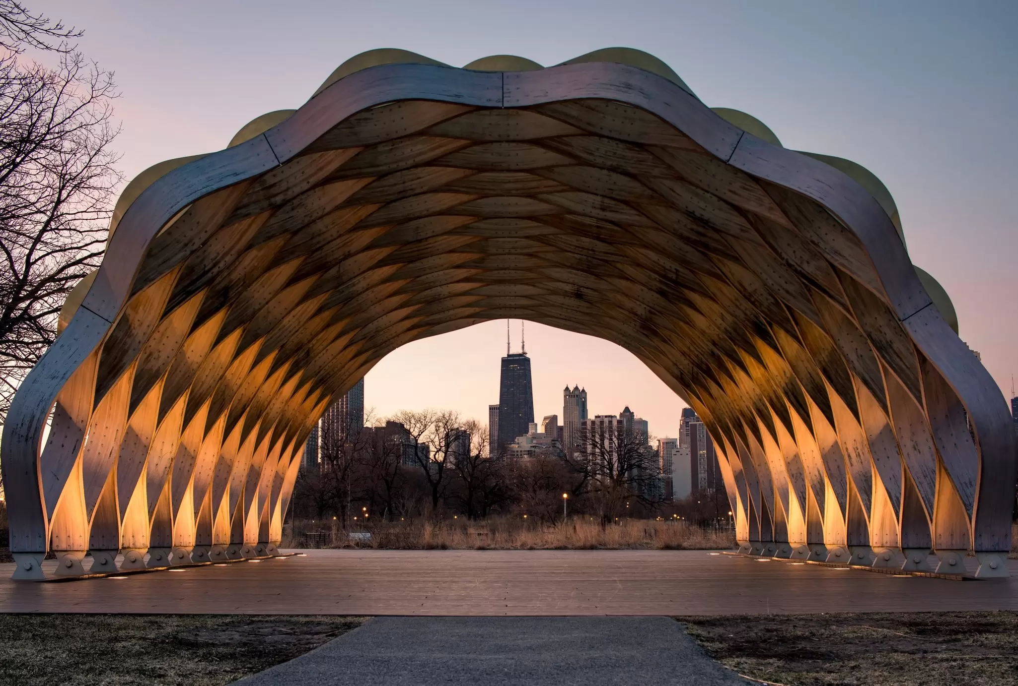 View of the Chicago skyline from the Honeycomb structure in Lincoln Park, Chicago, Illinois.