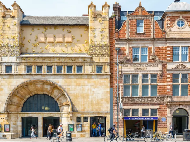 Facade of Whitechapel gallery and Aldgate East Station in East London