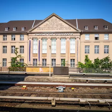 Facade of the Museum of Photography (Museum für Fotografie) in Berlin with rails in front.