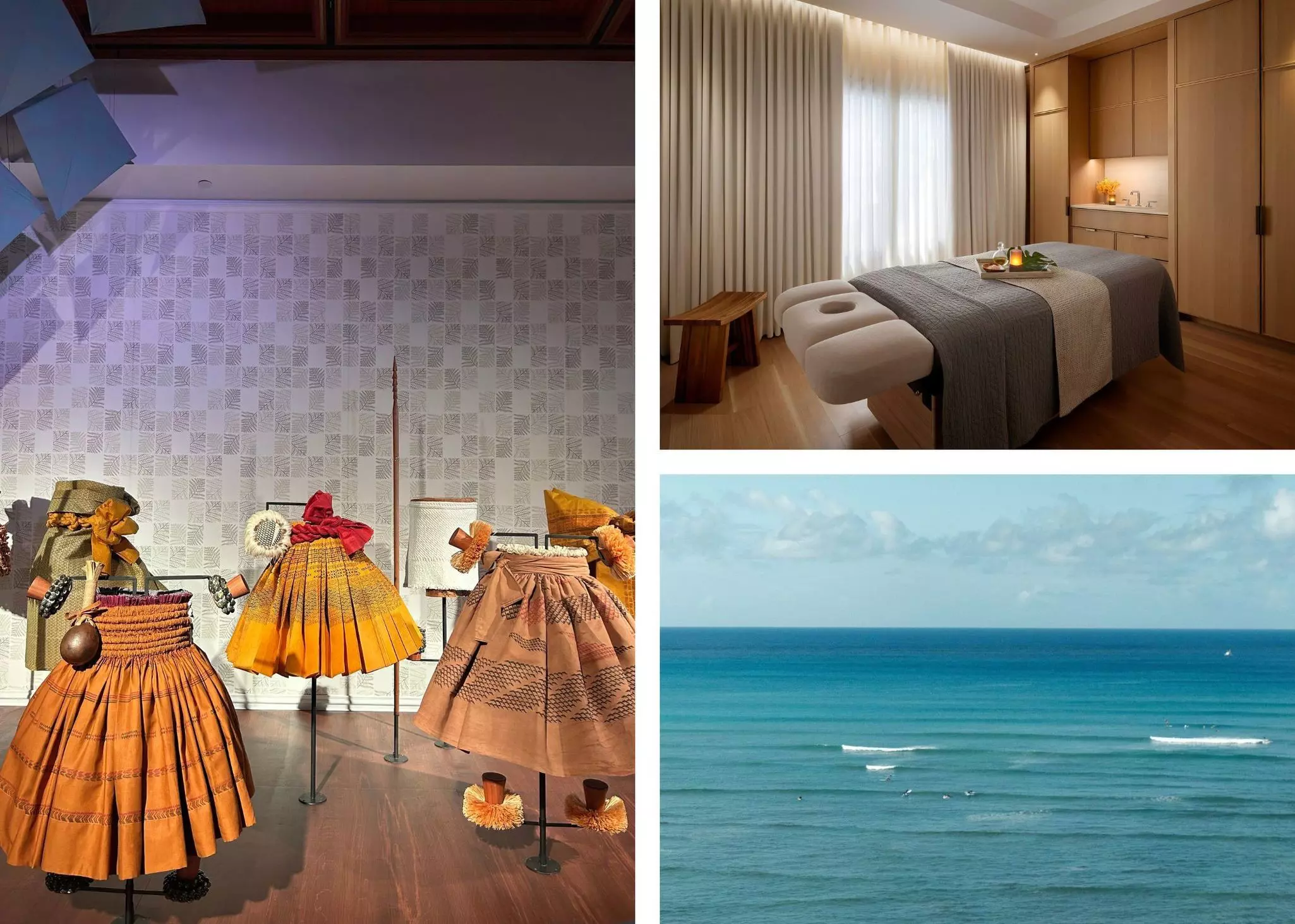 Hula skirts; a massage therapy bed; an ocean view.
