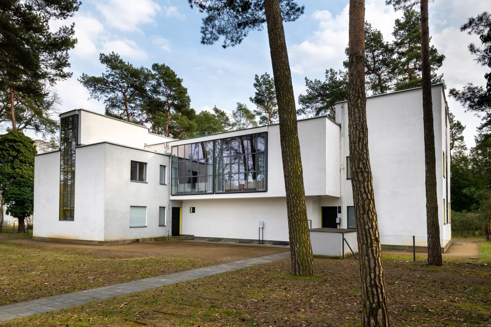 A Bauhaus building designed with geometric shapes and large windows