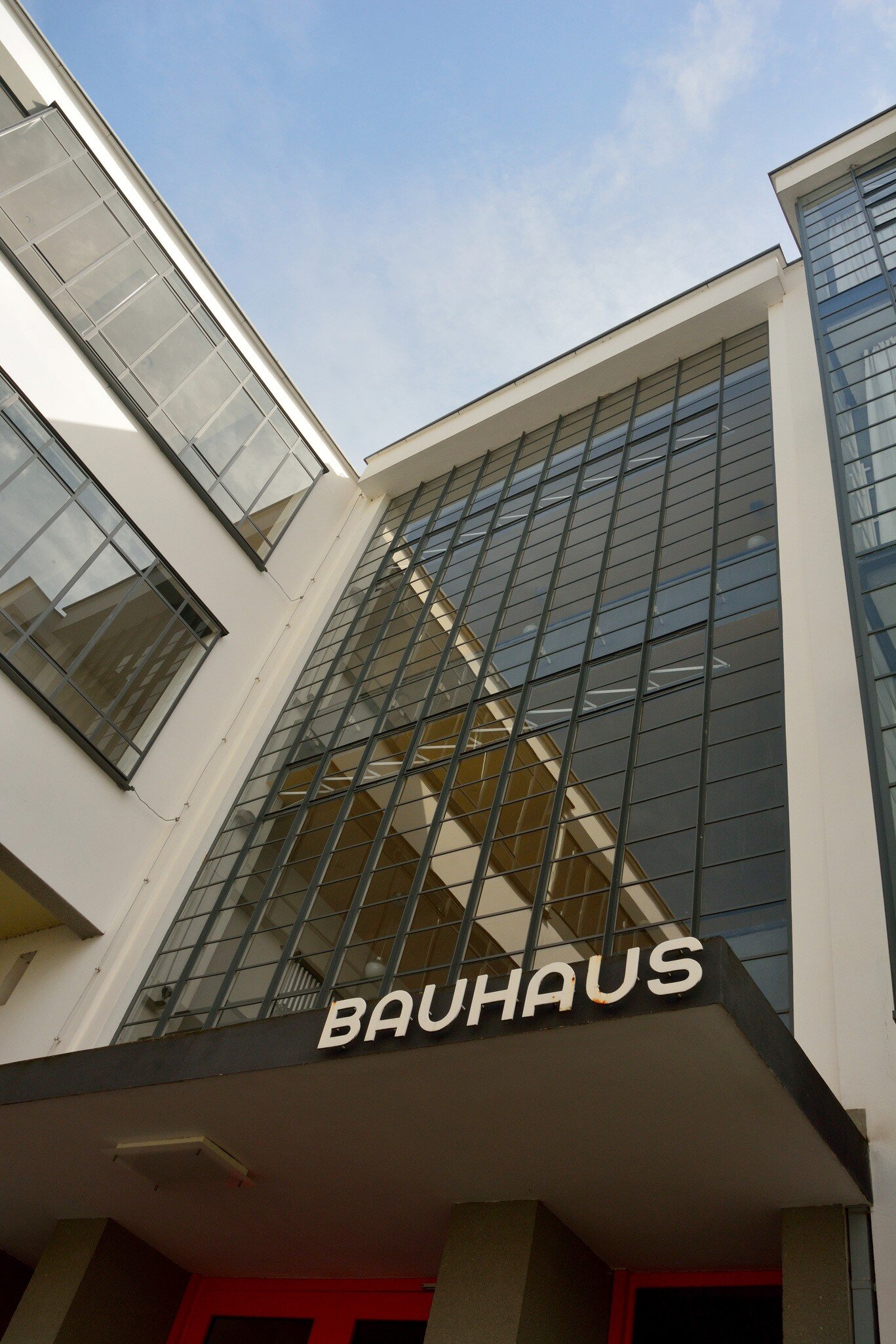 The glass-concrete facade marks the famous Bauhausgebaude building in Dessau-Rosslau, Germany.