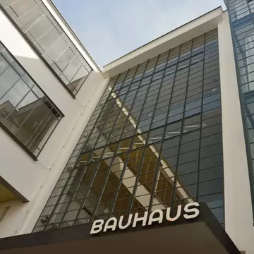 The glass-concrete facade marks the famous Bauhausgebaude building in Dessau-Rosslau, Germany.