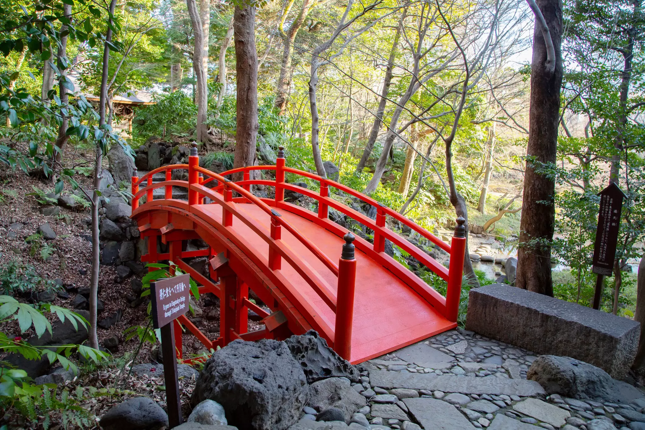 A small red bridge at Koishikawa Kōrakuen Garden, Tokyo.