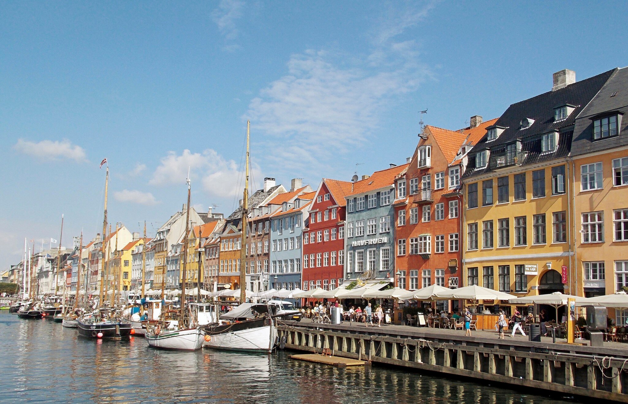 Traditional shopfronts on waterfront, Nyhavn. Denmark, Copenhagen.