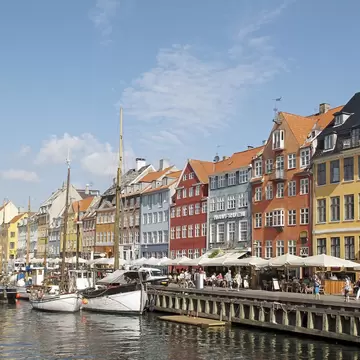Traditional shopfronts on waterfront, Nyhavn. Denmark, Copenhagen.