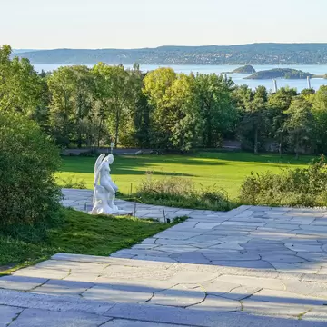 OSLO, NORWAY - OCTOBER 03, 2016: Ekebergparken Sculpture Park with sea view and sculpture "Anatomy of an angel" by the artist Damien Hirst. A sculpture is hewn in Carrara marble.; Shutterstock ID 1499627168;